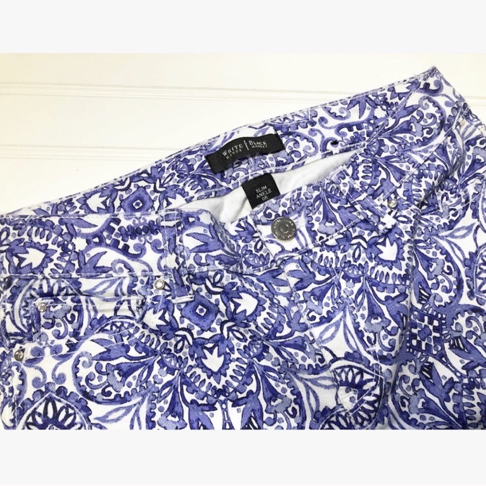 Blue & White Rare Damask Ankle Skinny Jeans Printed Denim - Picture 8 of 14
